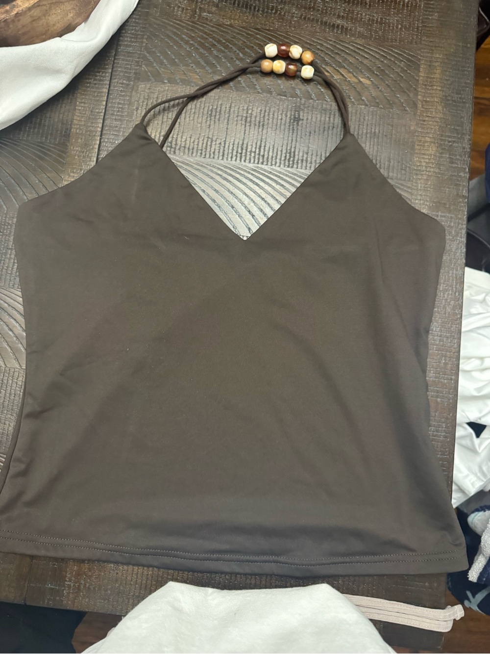 Bershka Dark Brown Halter Tank Top with Beaded Neck Tie